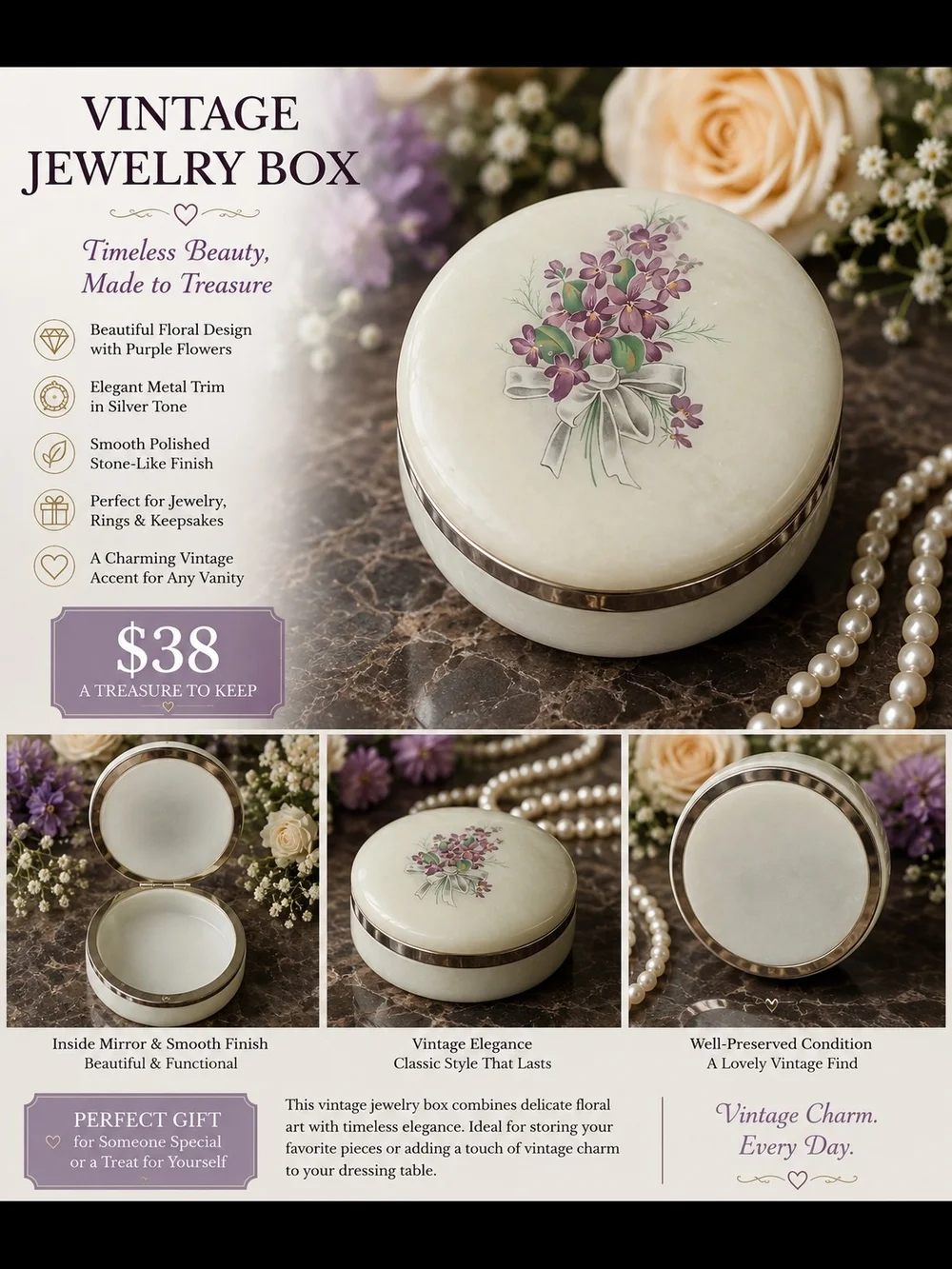 Vintage Floral Jewelry Box - Purple Floral Design
